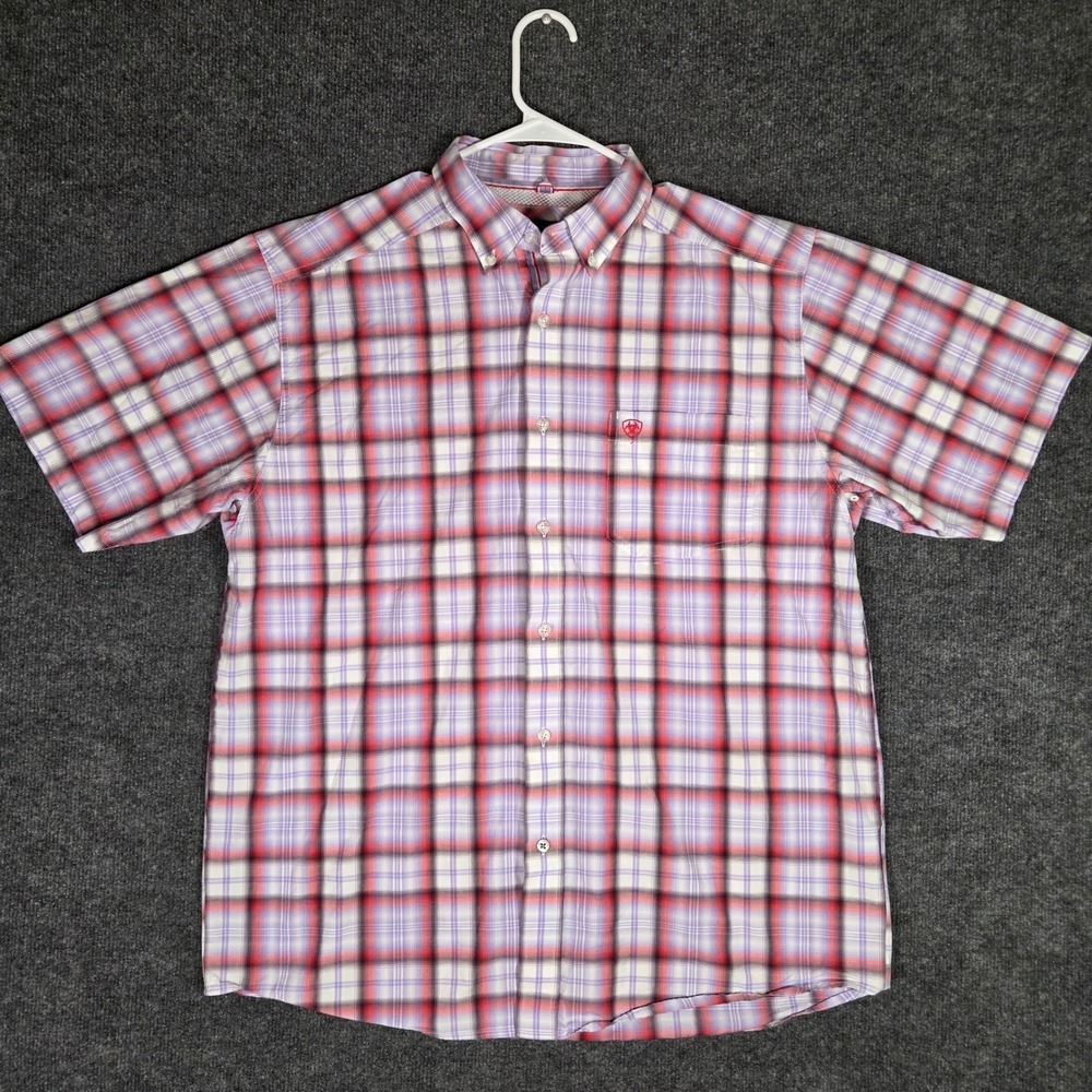 Ariat Pro Series Mens Short Sleeve Button Down Shirt Red Purple Plaid Western L
